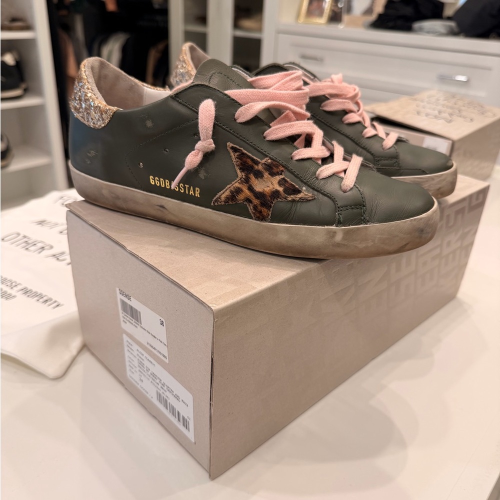 Golden Goose Olive Sneakers with Pink Laces Like New with duster and box